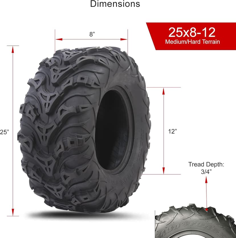 Tusk Mud Force ATV Tire Set – 25x8-12 Front & 25x10-12 Rear – Durable Off-Road Quad Tires Set of 4