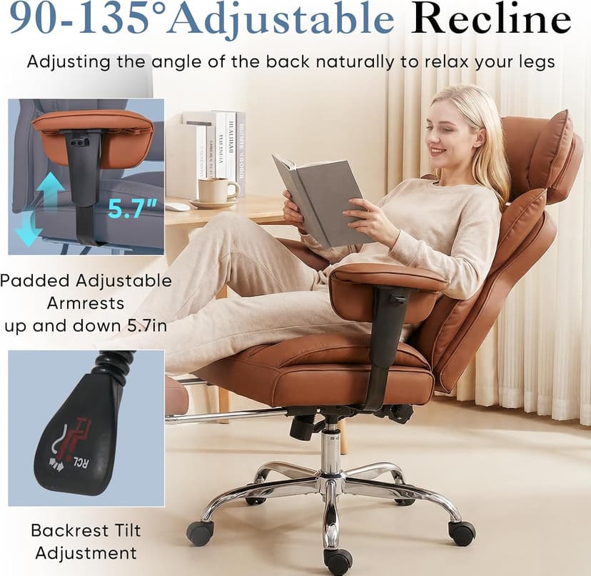 DUMOS Big and Tall Home Office Desk Chair, Gaming Computer Chair, Executive Ergonomic Chair with Footrest, High Back Reclining, Adjustable Armrests and Comfy Lumbar Support, PU Leather, Brown