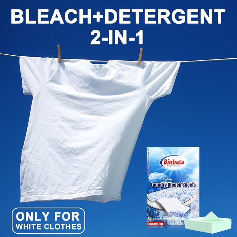 Binbata 2-in-1 Whitening Laundry Detergent Sheets 40 Loads, Unscented Hypoallergenic Eco Laundry Bleach Sheets Apply for white clothes, Effectively Remove Yellowing & Greying, Safe for Sensitive Skin