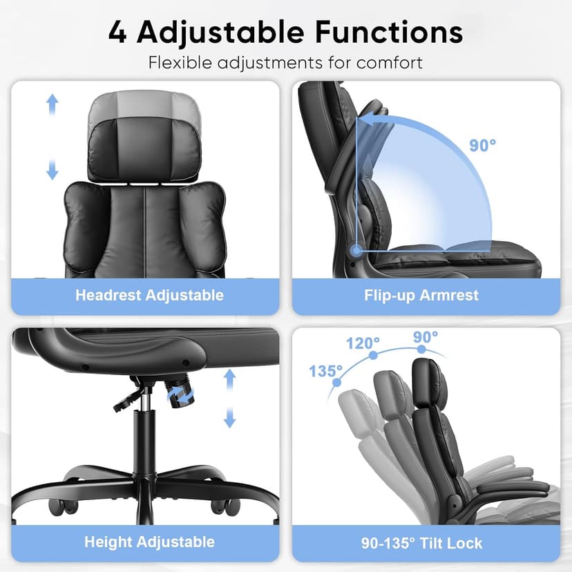 Kensaker Executive Leather Office Chair, Computer Chair with Thick Cushion & Lumbar Support, Ergonomic Desk Chair with Adjustable Headrest & Armrests,Black