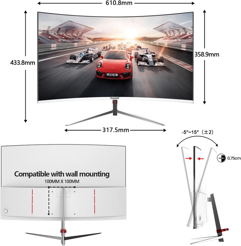 Gawfolk 27 Inch PC Computer Screen,1800R Curved Gaming 180Hz Monitors, FHD1080p 1ms Without Bezel, freesync, 98% sRGB,178 ° Angle View HDMI DisplayPort, Compatible with Wall-Mounted100*100MM-White
