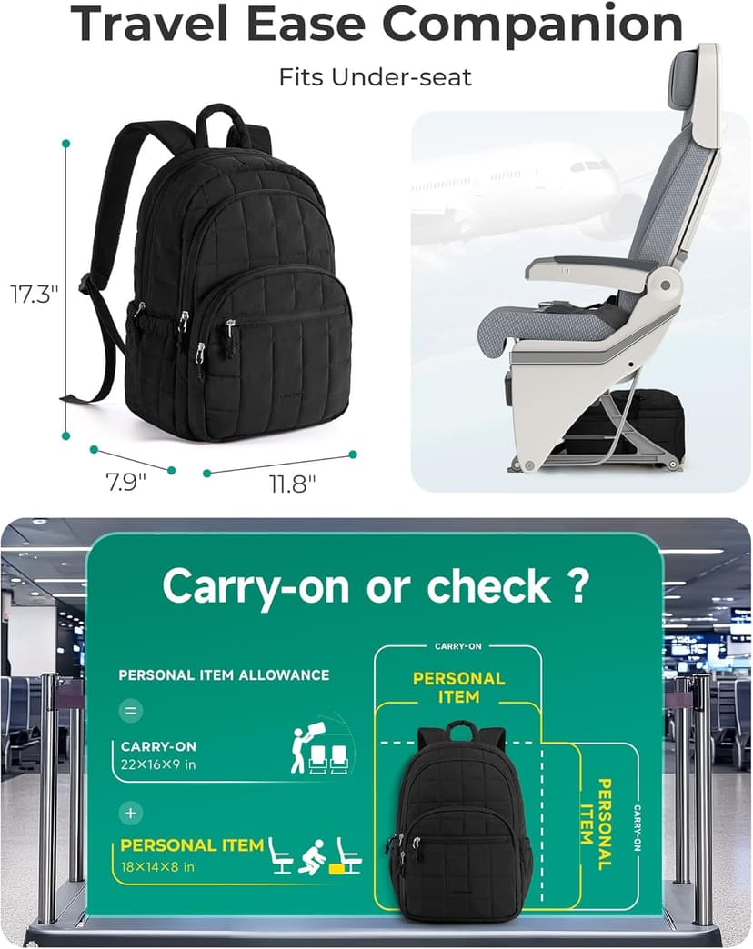 BAGSMART College Laptop Backpack, Travel Backpack for Women, Quilted Casual Daypack, Water-Resistant Bookbag for 15.6 Inch Laptop, Black