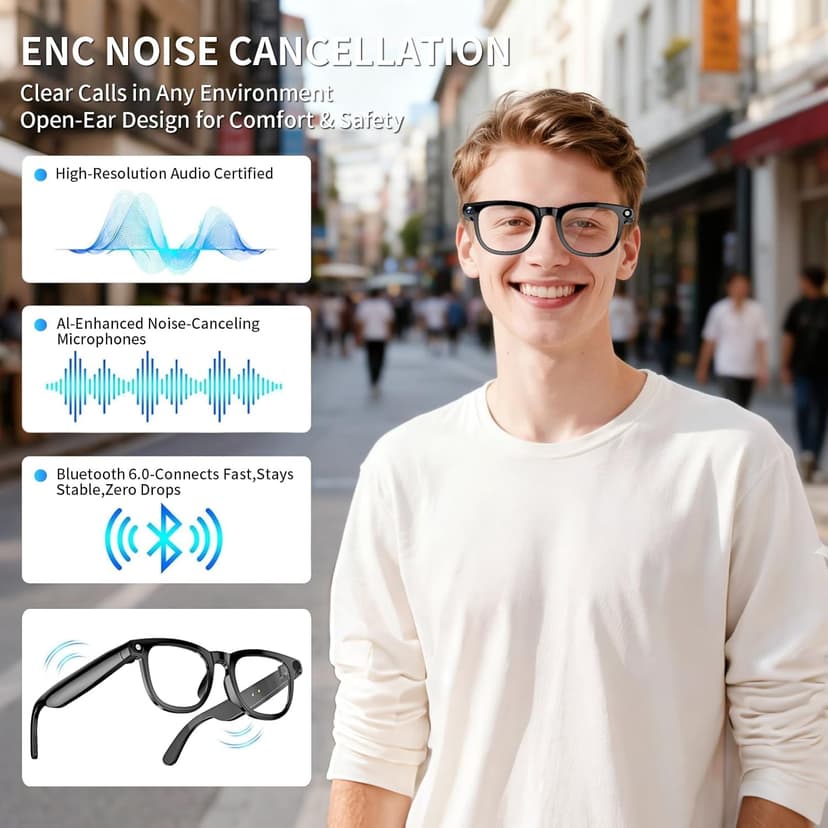 AI Translation Smart Glasses with 800W Camera, ENC Noise Cancelling Bluetooth 5.0, Real-Time Multilingual Translation (25 Languages), ChatGPT Compatible for Travel & Business (Black)