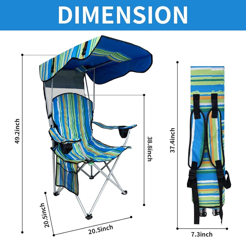 Camping Chair with Adjustable Canopy Shade, Portable Folding Chair with Cup Holder & Side Pocket for Beach, Fishing, Camping - Support 330 LBS (Streak)