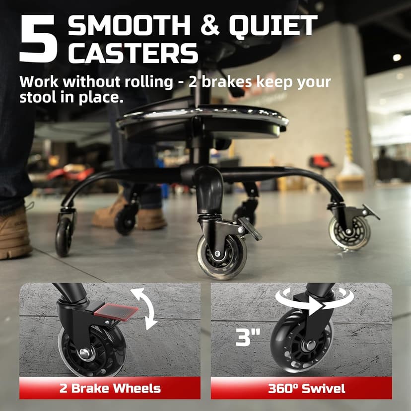 Rolling Shop Stool with Wheels, Garage Mechanic Stool Chair with Backrest, Height Adjustable Heavy Duty Swivel Task Chair, Adjustable Footrest with Storage Tray for Garage Kitchen Salon Tattoo (Black)