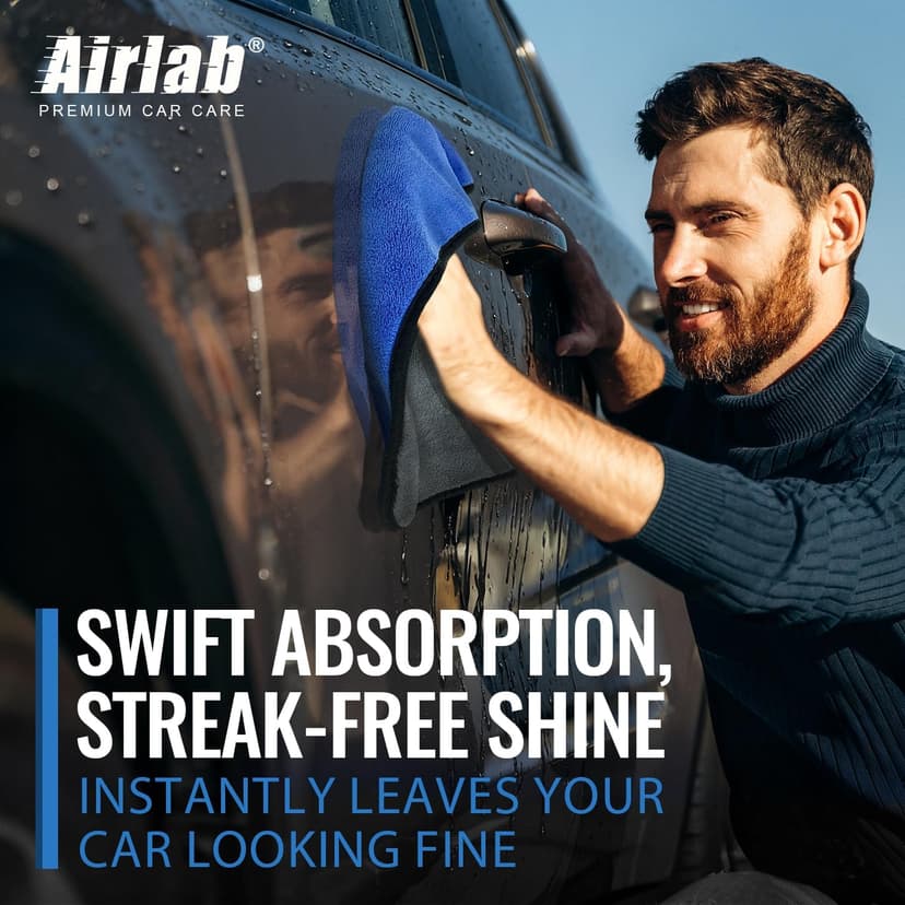 Airlab Microfiber Towels for Cars Wash Drying Thick Plush Cleaning Cloth Auto Detailing Super Absorbent for Interior & Exterior Lint Free, Streak Free, 16" X 16", 800 GSM, Pack of 4