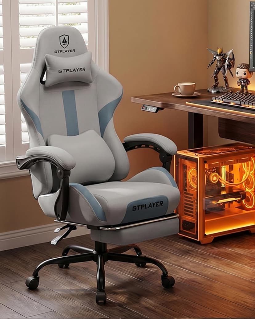 GTPLAYER Gaming Chair with Foot Rest & Pocket Spring Cushion, Ergonomic High Back Computer Desk Chair with Headrest & Lumbar Support for Back Pain Relief, Breathable Fabric, Mist-Blue