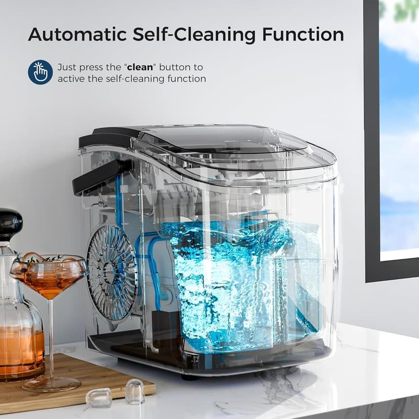 Kismile Ice Maker Countertop with 8 Bullet Ice in 6 Mins, Compact Countertop Design, Portable and Simple One-Touch Operation Efficient for Home/Office Use（Grey）