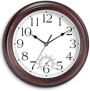 KECYET 8.5 Inch Outdoor Wall Clock with Thermometers, Vintage Silent Wall Clocks Battery Operated, Retro Non-Ticking Clock Decorative for Living Room, Patio, Kitchen, Office, Bathroom, Bedroom(Bronze)