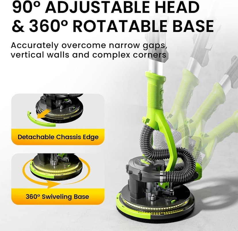 WorkBless Drywall Sander, 1050W 7.2A Popcorn Ceiling Removal Tool, Automatic Drywall Sander with Vacuum Dust Collector, 7 Variable Speed 1000-2100RPM, 15Pcs Sanding Discs(Green)