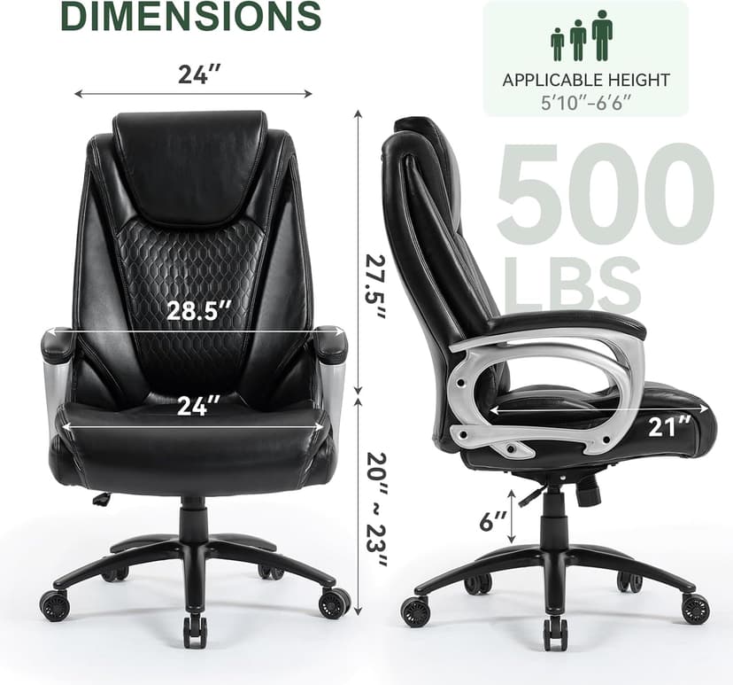 Vogue Furniture Direct Big and Tall Office Chair 500lbs, Heavy Duty High Back PU Leather Desk Chair, Adjustable Height Rolling Wheels Computer Chair for Home Office Work (Black)