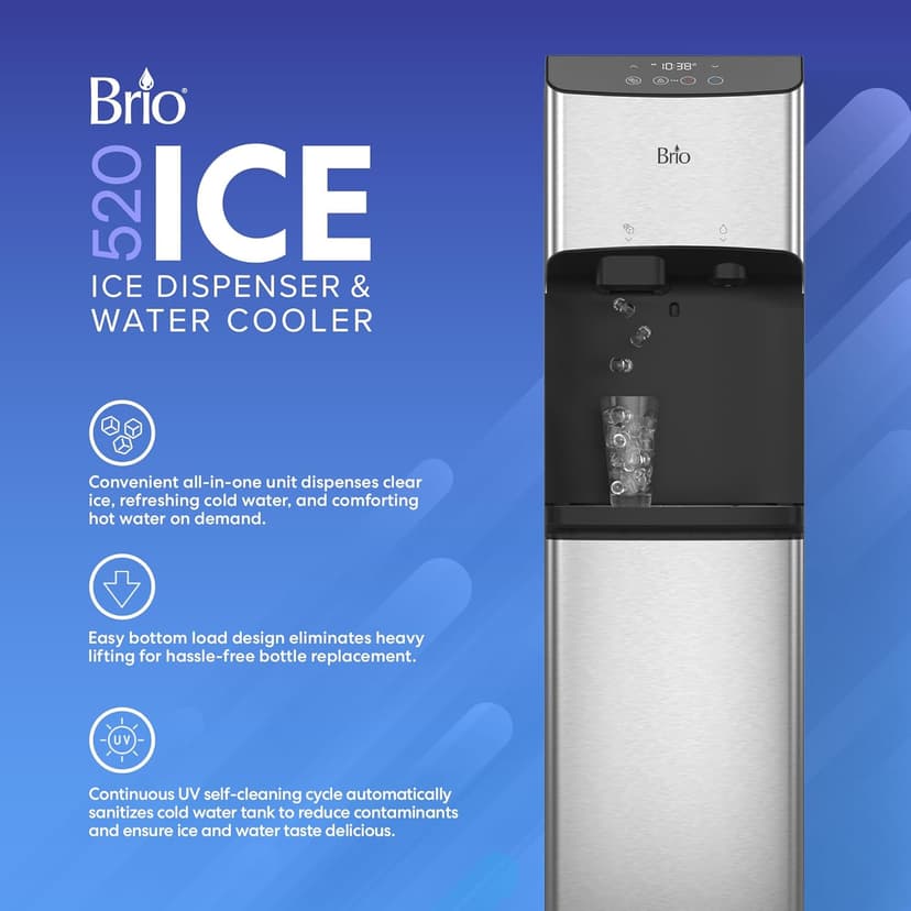 Brio 520 ICE Water Dispenser for 5 Gallon Bottle | Bullet Ice Maker Bottom Load Cooler | UV Self Cleaning, LED Touch Display with Digital Clock, Night Light, Child Safety Lock | 2X Fast Dispense