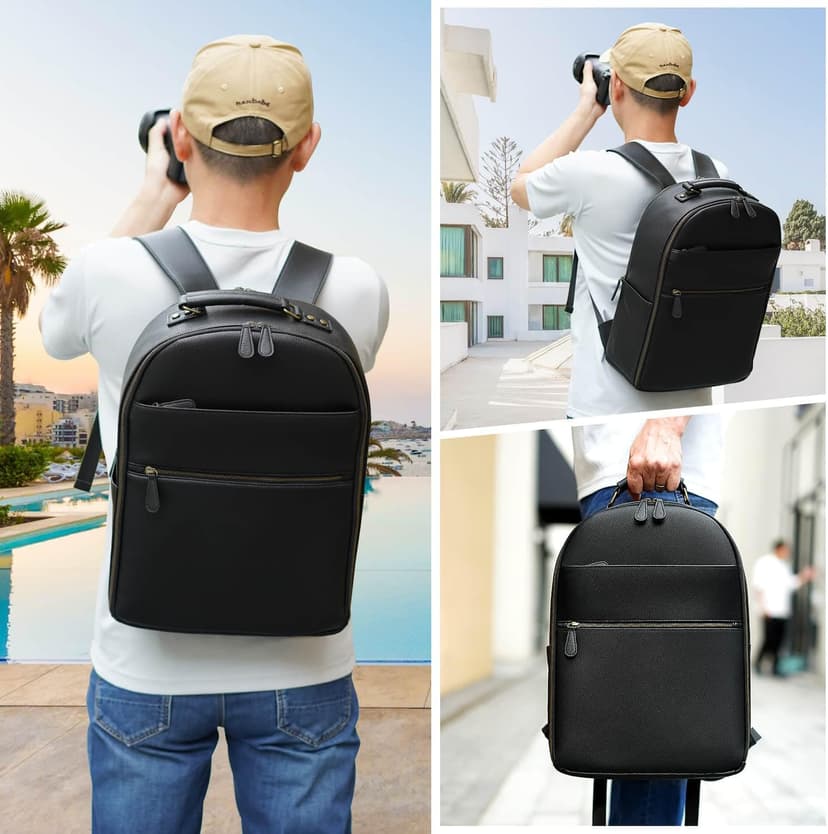 Divvia Camera Backpack Classic PU Leather with 15 Inch Laptop Compartment, Professional Camera Bag for Photographers for DSLR Large 20L