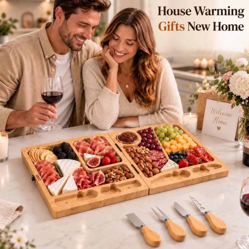 Charcuterie Board Gifts for Women: Bamboo Folding Cheese Board with Knife Set - Unique White Elephant Gift, Birthday Party House Warming Gift for Housewife