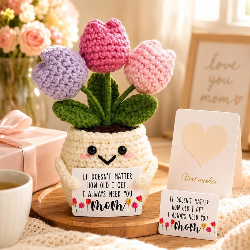 Handmade Positive Tulip Flower Crochet Teacher Appreciation Gifts-Delicate Crochet Flowers Doll, Inspirational Gift Knitted Potted Flowers Desk Decor, Thank You for Women, End of Year Teacher Gifts B0H2WDH3M5