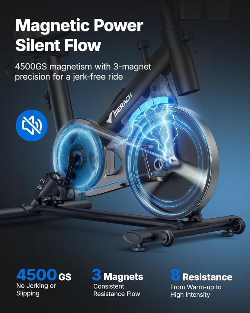 MERACH Exercise Bike, Brake Pad Stationary Bike with Exclusive App, Low Noise Indoor Cycling Bike with 300lbs Weight Capacity, Tablet Mount and Fitness Courses for Weight Loss