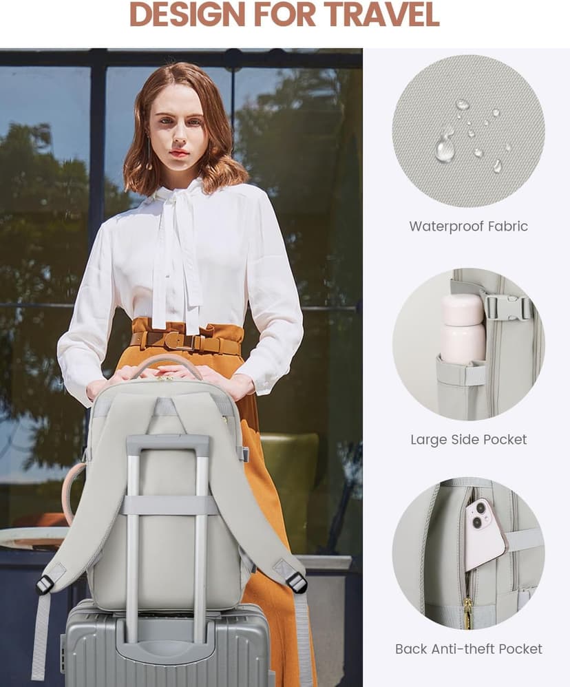 LOVEVOOK Travel Backpack For Women, 40L Carry On Backpack Flight Approved, TSA Personal Item Travel Bag Fits 17 Inch Laptop, Business Weekender Overnight Waterproof Daypack With 2 Cubes, Grey-Pink