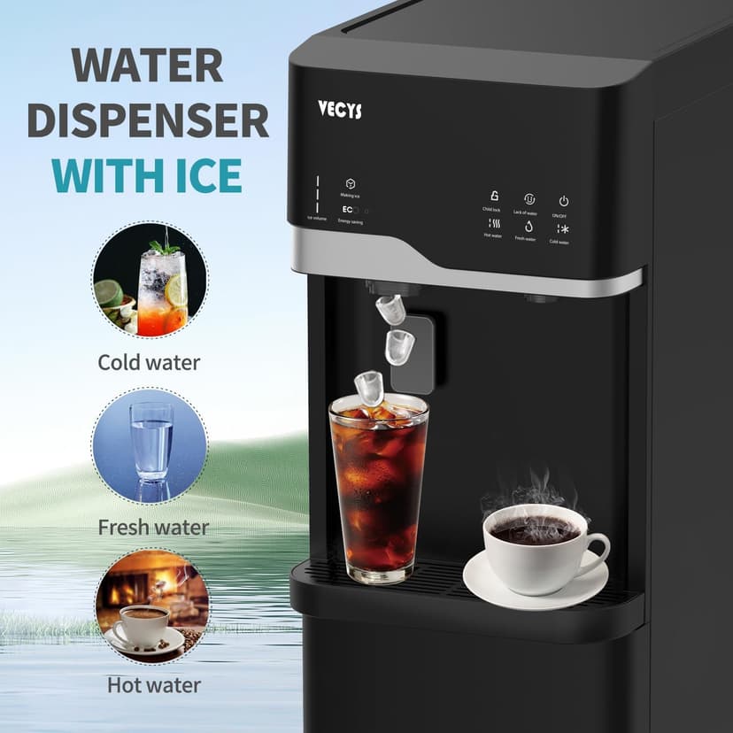 VECYS Self-Clean Bottom Loading Ice Maker Water Dispenser for 5 Gallon Bottle, Hot Cold Room Water 22LBS Daily Ice Making, Child Safety Lock, Black
