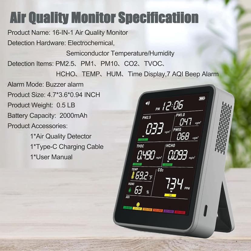 Professional Indoor Air Quality Monitor with AQI Alerts, Portable Real-Time Detector for Home, Car, Plants & Pet (Smog Gray)