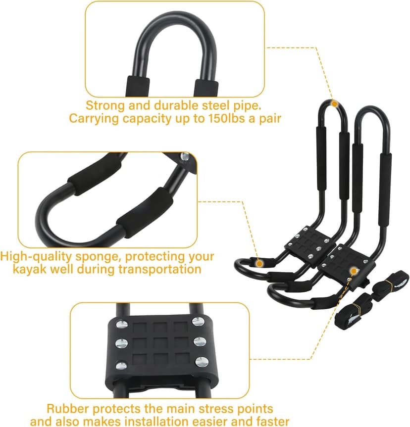 PIRIPARA Kayak Roof Rack 2 Pairs J-Bar Carrier Holder for Canoe, SUV, Cars, Truck, Surf Ski, Car Top Mount Racks for Trip, Set of 4