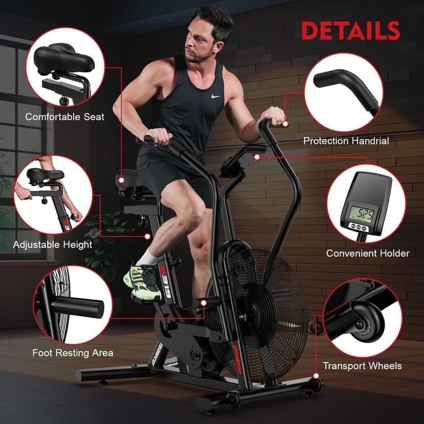 pooboo Exercise Bike, Stationary Bike for Home Gym, Air Resistance Bluetooth Fan Bike w/Dual Acction Handlebars & Dual-Layer Transmission System, Upright AirBike Indoor Cycling Bike for Cardio Workout