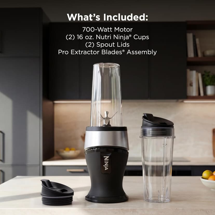 700-watt base blends smoothies, shakes & frozen drinks. (2) 16-oz to-go cups w/ spout lids. Dishwasher safe. Ninja Fit Compact Personal Blender, 700W, (2) 16oz Cups, QB3001SS B01FHOWYA2