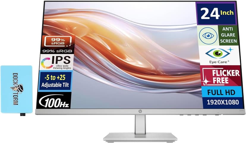HP 24" 100 Hz IPS FHD (1920x1080) 99% sRGB Display Monitor Adjustable Tilt, Height Adjust, Flicker Free, Anti-Glare, Low-Blue Light Filter, Eye Ease, Black/Silver w/DKZ Hub USB Port Expander