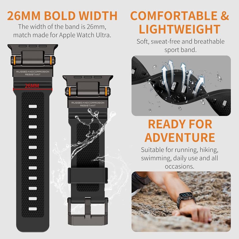 FOAMUNOC Rugged Band Compatible with Apple Watch Ultra 3/2/1 Band 49mm/46mm/45mm/44mm/42mm, Metal Connector with Silicone Strap for iWatch Ultra Series 11/10/9/8/7/6/SE3/SE2/SE/5/4/3/2/1, Black/Black