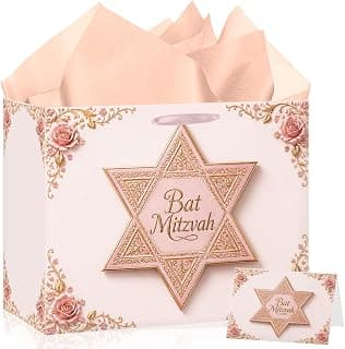 Bat Mitzvah Gift Bag Set Pink Rose Gold Star of David Paper Wrapping Bag with Ribbon Handles Tissue Paper Greeting Card All In One for Jewish Coming of Age Party Favor Celebration Decoration Supplies B0H5QYF944