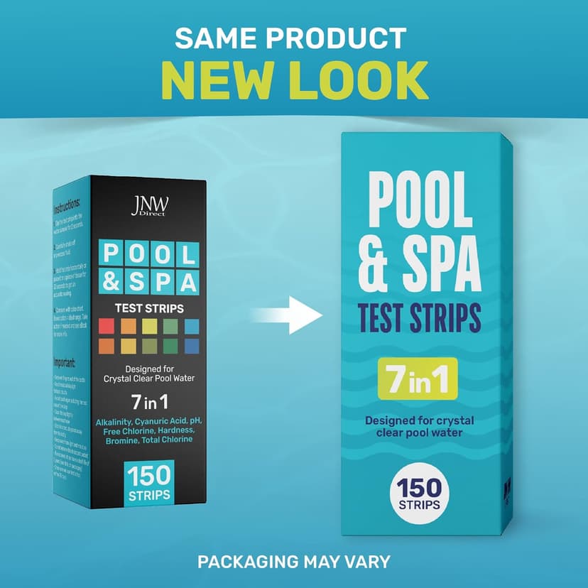 JNW 7-in-1 Pool Test Strips, 150 Quick & Accurate Test Strips for Pool Water, Spa Test Strips for Hot Tub, Chlorine Test Strips, Bromine, pH, Alkalinity, Hardness & More - Swimming Pool Test Kit