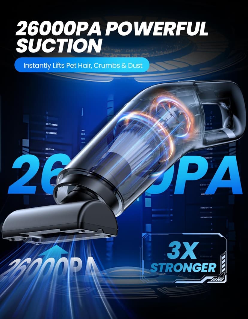 Handheld Vacuum Cordless, 26,000 Pa High Power Suction, Portable Rechargeable Car Vacuum Cleaner for Home, Pet Hair, Keyboard & Furniture, Black
