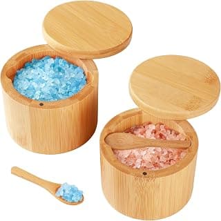 Timtopno Bamboo Salt Cellar, 2 PCS Salt Container with Built-in Spoon, Salt Box Bowl with Magnetic Swivel Lid, Elegant Kitchen Salt Holder Saver Jar to Storage Pepper Spice Sea Salt for Countertop B0DF865QG3