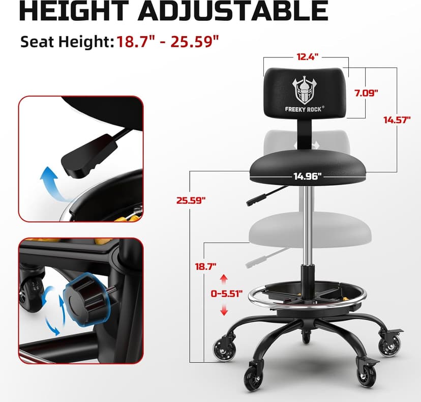 Rolling Shop Stool with Wheels, Garage Mechanic Stool Chair with Backrest, Height Adjustable Heavy Duty Swivel Task Chair, Adjustable Footrest with Storage Tray for Garage Kitchen Salon Tattoo (Black)