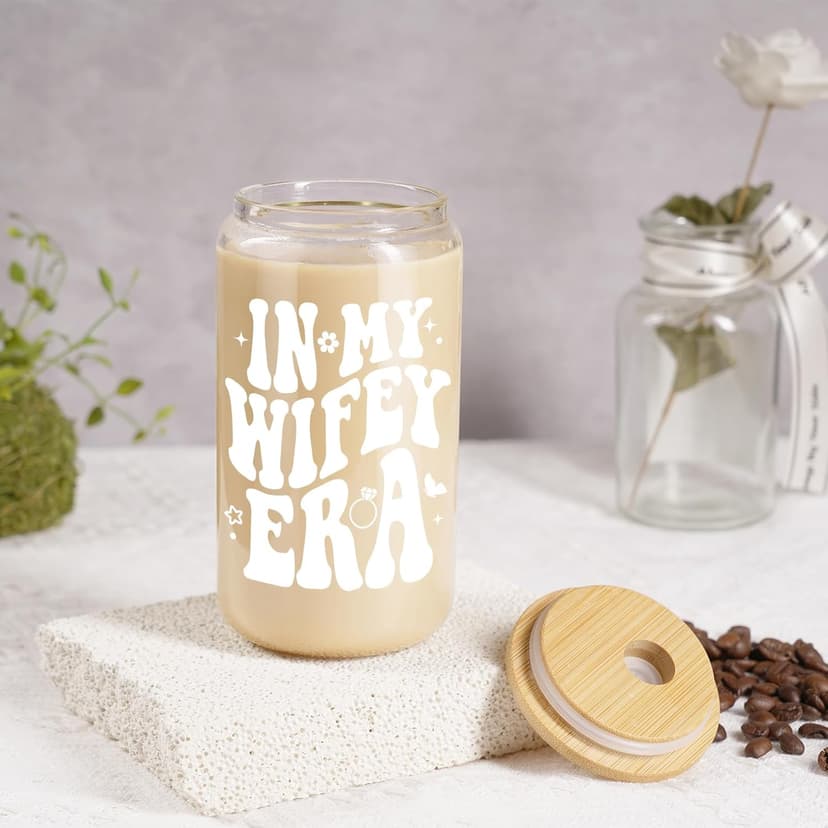 Fairy's Gift Wifey Era Cup, Wedding, Bride Gifts for Her, Bridal Shower, Engagement Gifts for Women, Couples, 16 oz Coffee Glass Cups w/Lids Straws, Bachelorette Presents for Bride to be, Future Mrs