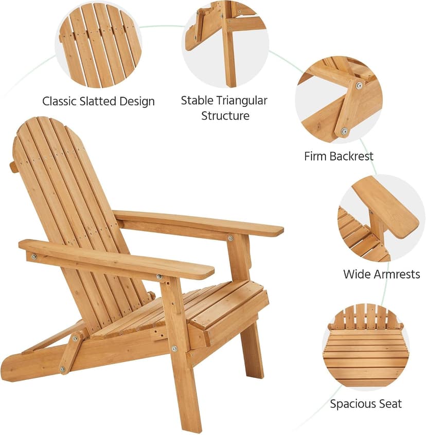 Yaheetech Folding Adirondack Chair Set of 6 Outdoor, 300LBS Solid Wood Garden Chair Weather Resistant, Fire Pit Lounge Chairs for Garden/Yard/Patio/Lawn, Natural Wood