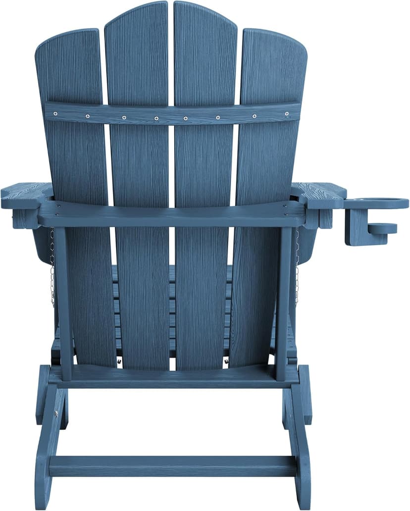 KINGYES Folding Adirondack Chair, HDPE All-Weather Patio Chairs with Cup Holder, Wooden Textured Fire Pit Chairs Recliner for Poolside, Backyard, Deck, Navy