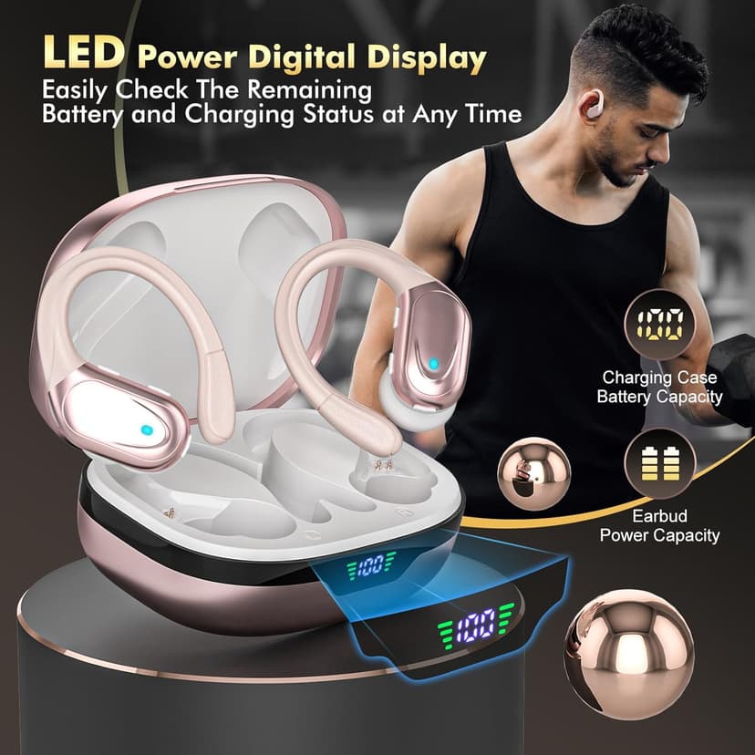 HAOYUYAN Wireless Earbuds, Sports Bluetooth Headphones, 80Hrs Playtime Ear Buds with LED Power Display, Noise Canceling Headset, IPX7 Waterproof Earphones for Workout/Running
