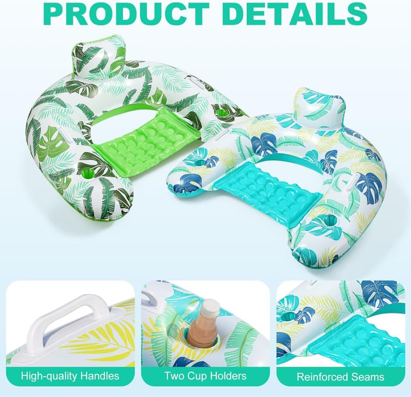 2 Pack Inflatable Pool Float Chair, Floating Pool Chair Adults Pool Lounger Float with Cup Holder & Handles Water Floats for Adults Lake Chair Floats for Swimming Pool River Beach Party