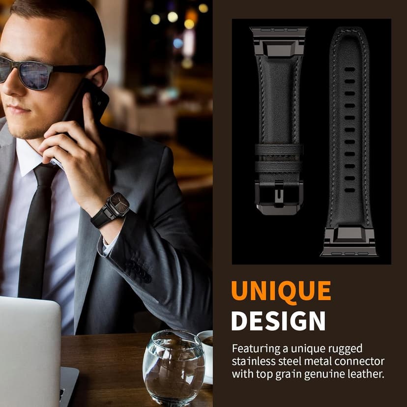 LOIRNBR Leather Bands Compatible with Apple Watch Ultra 3/2/1 Band 49mm 46mm 45mm 44mm 42mm Men, Genuine Leather Metal Connector Strap for iWatch Ultra Series 11/10/9/8/7/SE/6/5/4/3/2/1, Black/Black
