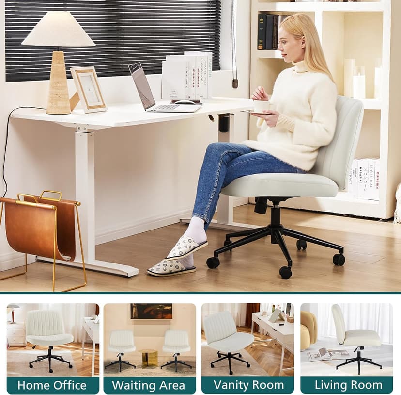 OLIXIS Criss Cross Chair with Wheels Wide Cross Legged Office Desk Vanity Chair Comfy Fabric Armless Adjustable Swivel for Home Computer Task PU Beige