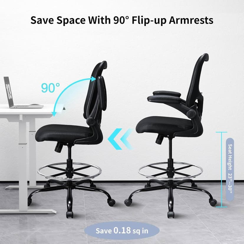 Drafting Chair, Ergonomic Tall Office Chair for Standing Desk, Counter Height Desk Chair with Adjustable Padded Armrests and Footrest Ring Standing Desk Chair Adjustable Height with Lumbar Support