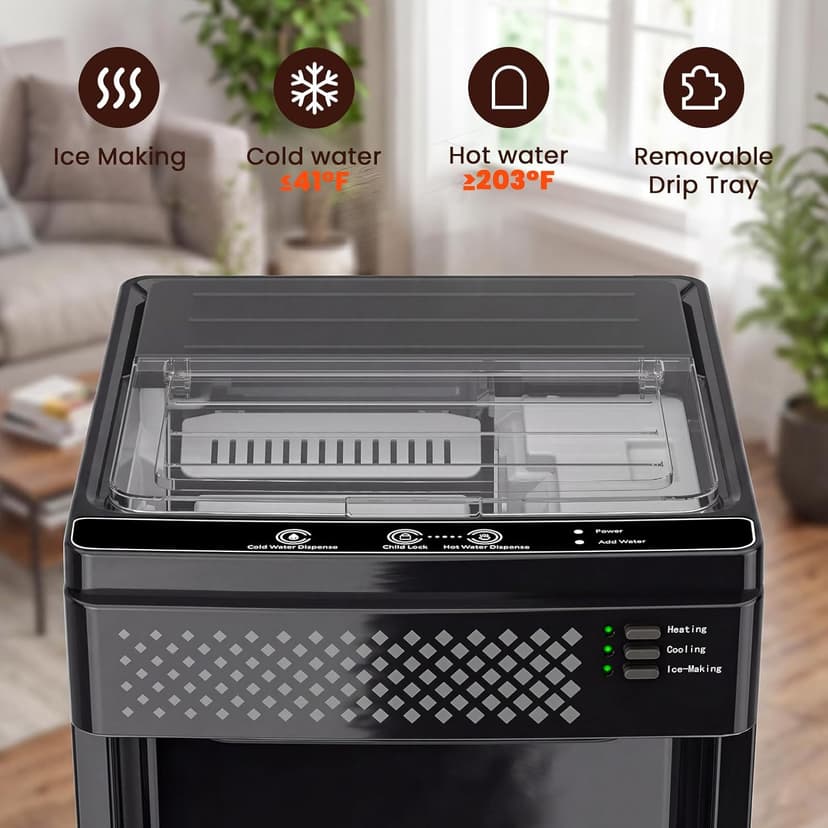 3 in 1 Water Cooler Dispenser with Ice Maker, Bottom-Loading Water Cooler Hot and Cold for Home & Office, 33lbs/24H Bullet Ice, Top Loading 3-5 Gallon, Child Safety Lock, Ice Ready in 7 Mins