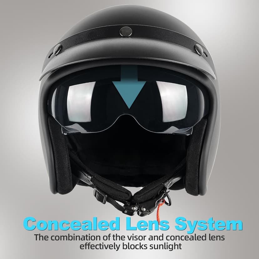 Yesmotor 3/4 Open Face Retro Motorcycle Helmet Vintage Helmet for Motorbike Casco, Moped, Cruiser, Bobber, and Chopper - DOT Approved（Matte Black,L）