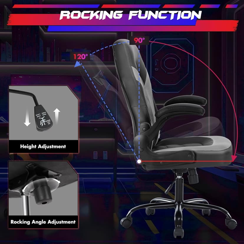 Sweetcrispy Computer Gaming Desk Chair - Ergonomic PU Leather with Comfy Lumbar Support, Height Adjustable Rolling Desk with Flip-up Armrests, for Home and Office