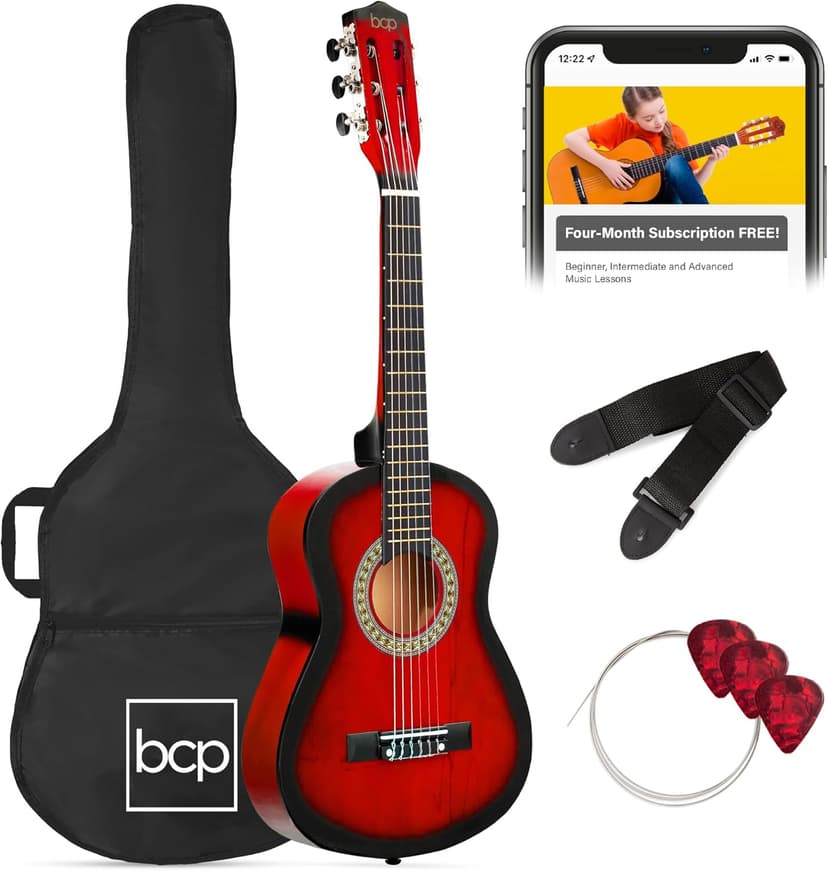 Best Choice Products 30in Kids Acoustic Guitar, All-in-One Beginner Starter Kit w/Strap, Case, Extra Strings, Rosette Inlay - Redburst