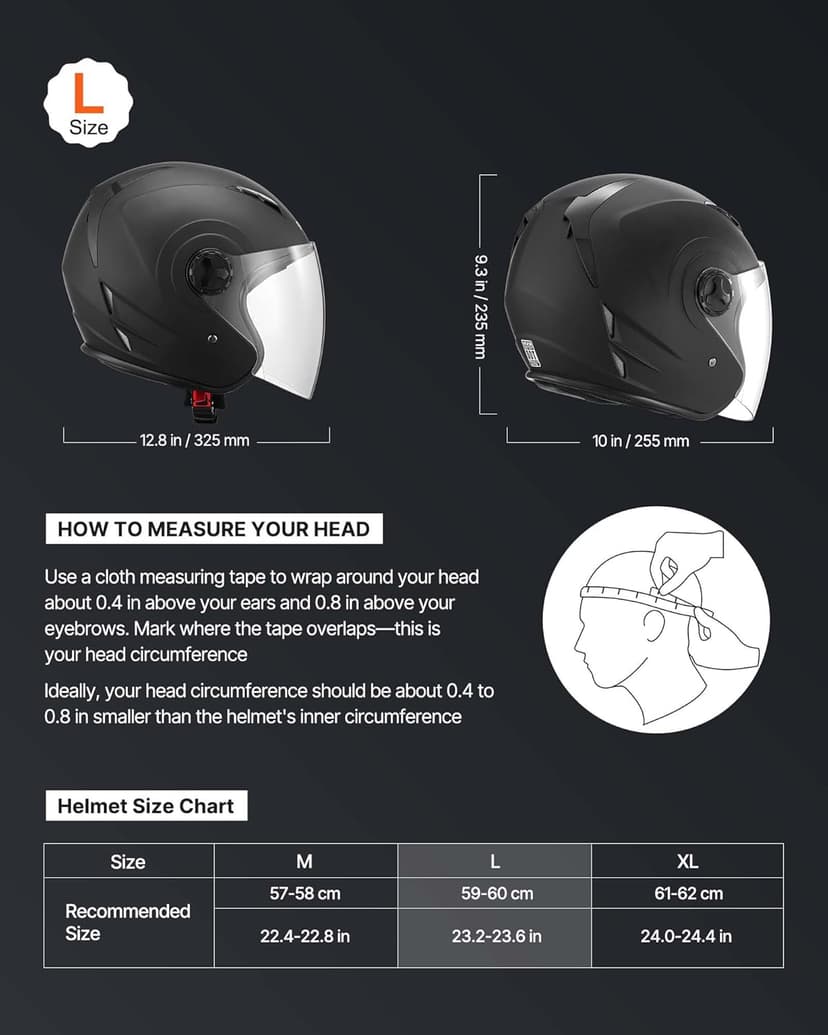VEVOR Motorcycle Helmet, 3/4 Open Face, Adult Motocross Dirt Bike Helmet with Clear Visor, Comfortable Motorbike Racing Street with Detachable Liner for Men & Women, DOT Approved