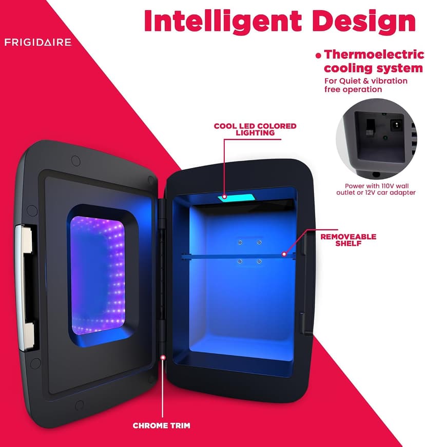 Personal Fridge Cooler, LED Light Door, Perfect for Gaming, Home, Office, or Car, Includes AC and 12V Car Charger Frigidaire, Mini Fridge Cooler, Holds Up to 6 Cans, B0BGYK6SVQ