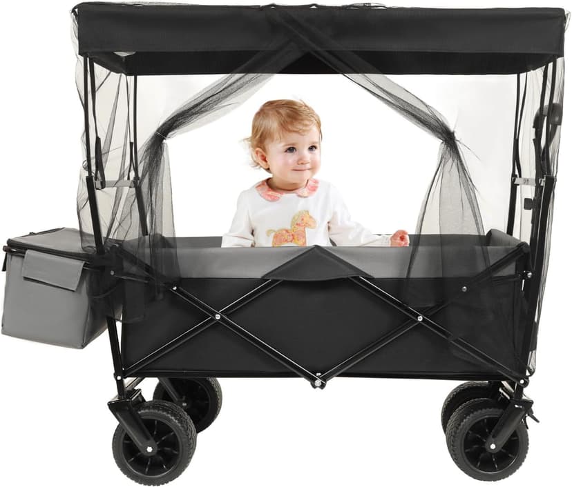 480Lbs Collapsible Wagon with Canopy Steel Black Large Capacity for Camping, Shopping, Sports, Garden Use Mosquito Net Outdoor-Ready