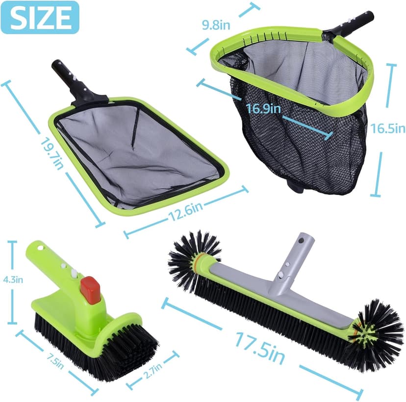 Sepetrel Deluxe Swimming Pool Cleaning Kit Including Professional Leaf Skimmer Net,Half-Depth Fine Mesh Net,17.5" Pool Brush Head & Hand Scrub Brush(NO Pole)