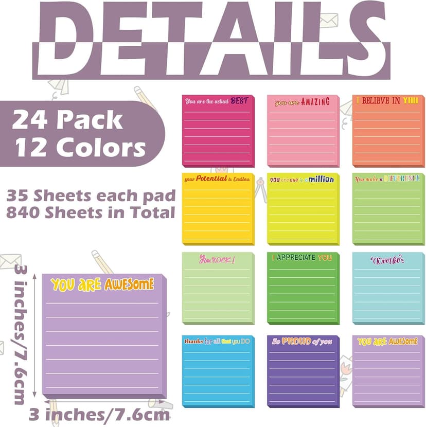 Yinder 24 Pcs Inspirational Sticky Notes with Lines Cute Motivational Sticky Notes Pad Employee Appreciation Gifts Bulk for Teacher Nurse Coworkers Office 3 x 3''(Dark Color,Appreciation)